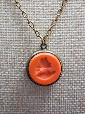 Vintage EXTASIA Intaglio Cameo Necklace Orange Coral Opaque Glass Artisan Made